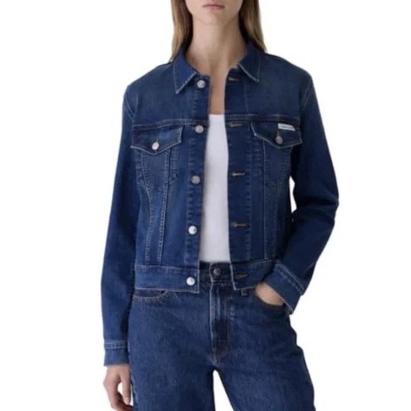 Calvin Klein Womens Button Up Denim Classic Trucker Jacket Storm Blue XS Stretch - Picture 1 of 12